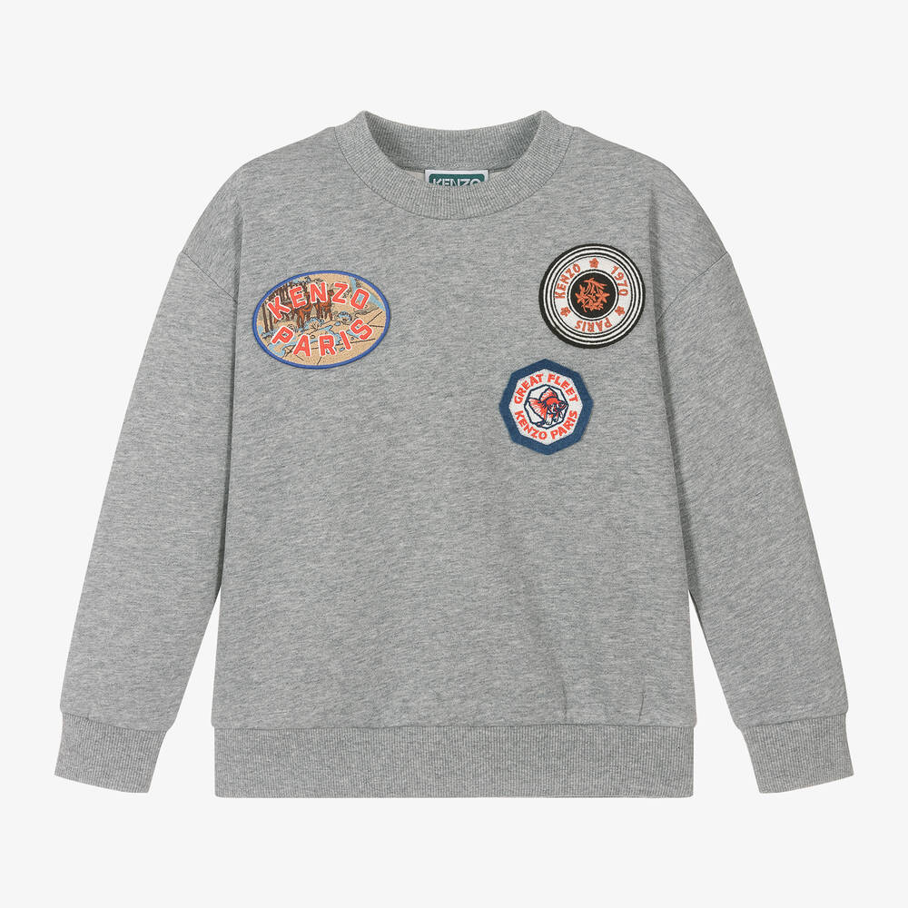 KENZO KIDS - Boys Grey Cotton Travel Patches Sweatshirt | Childrensalon