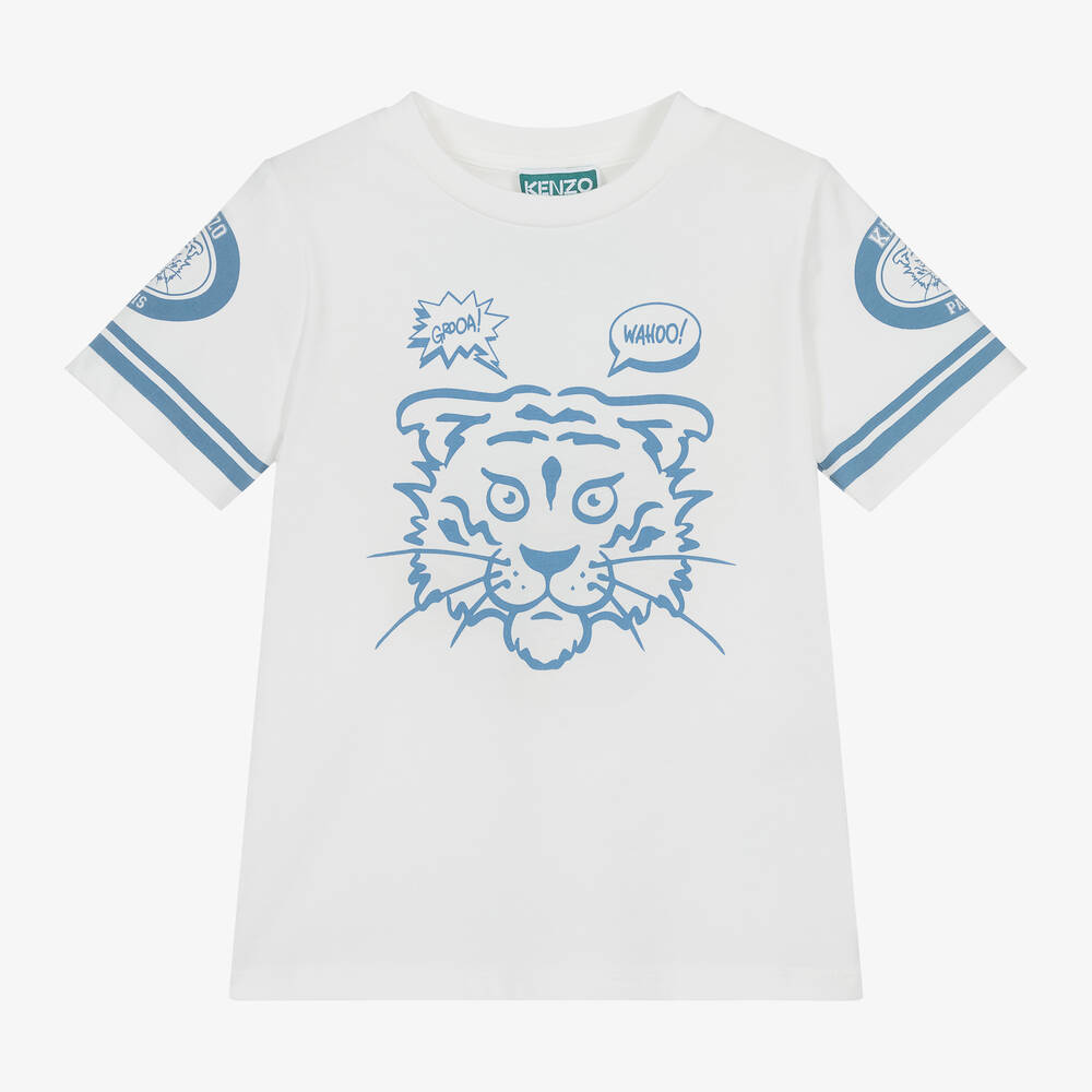 KENZO KIDS - Boys Ivory & Blue Cotton Tiger T-Shirt | Childrensalon
