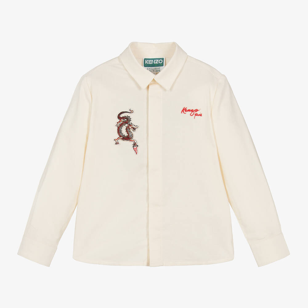 KENZO KIDS - Кремовая хлопковая рубашка с драконом для мальчиков | Childrensalon