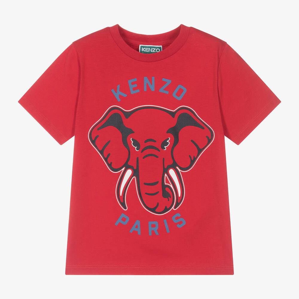 KENZO KIDS - تيشيرت بطبعة فيل قطن عضوي لون أحمر للأولاد | Childrensalon