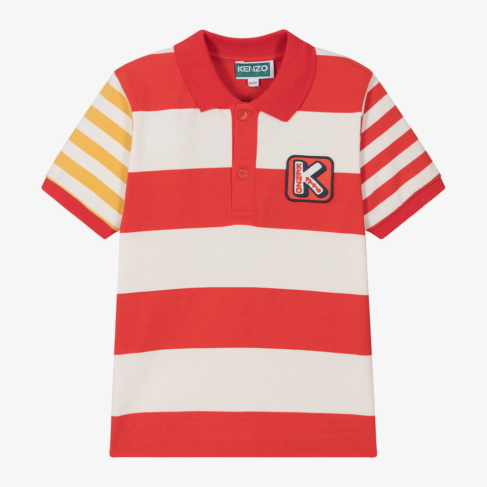 Shop Kenzo Kids Boys Red Striped Cotton Polo Shirt