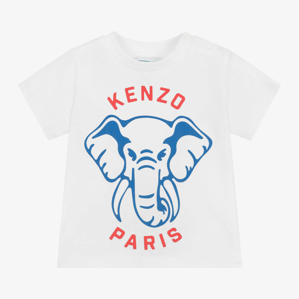 KENZO KIDS - تيشيرت بطبعة الفيل قطن عضوي لون أبيض للأولاد | Childrensalon