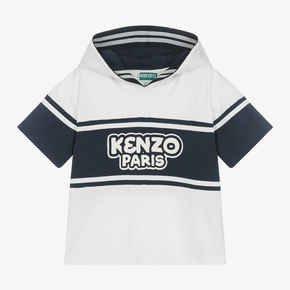 KENZO KIDS - تيشيرت هودي قطن عضوي لون أبيض وكحلي للأولاد | Childrensalon