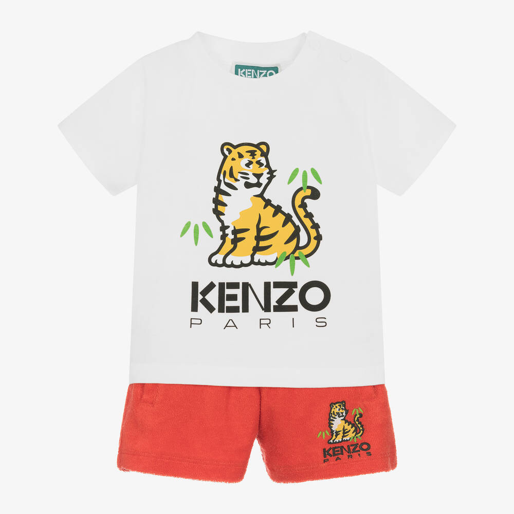 KENZO KIDS - طقم شورت بطبعة كوتورا قطن لون أبيض وأحمر | Childrensalon
