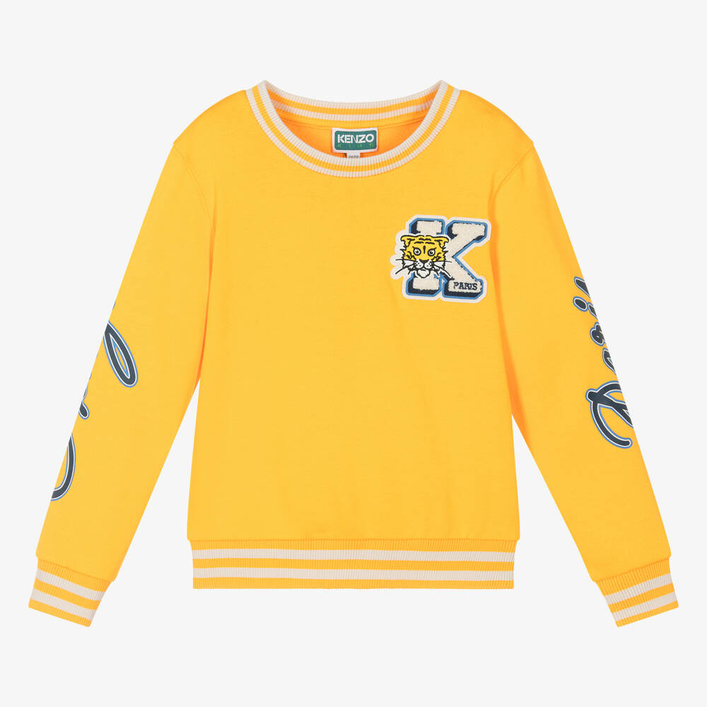 Shop Kenzo Kids Boys Yellow Cotton Varsity Sweatshirt