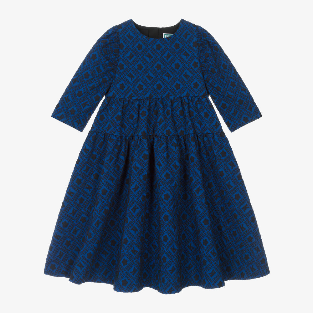 KENZO KIDS - Girls Blue Boke Flower Jacquard Dress | Childrensalon