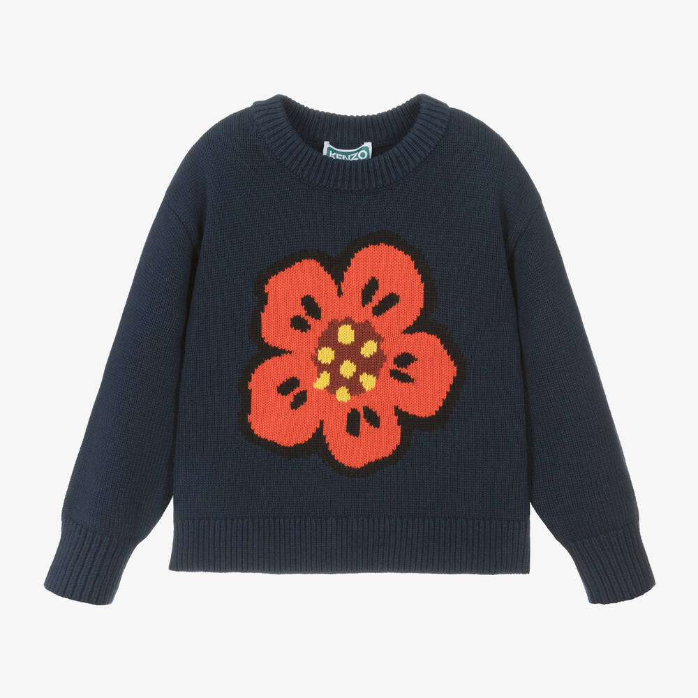 KENZO KIDS - Girls Blue Cotton Boke Flower Sweater | Childrensalon