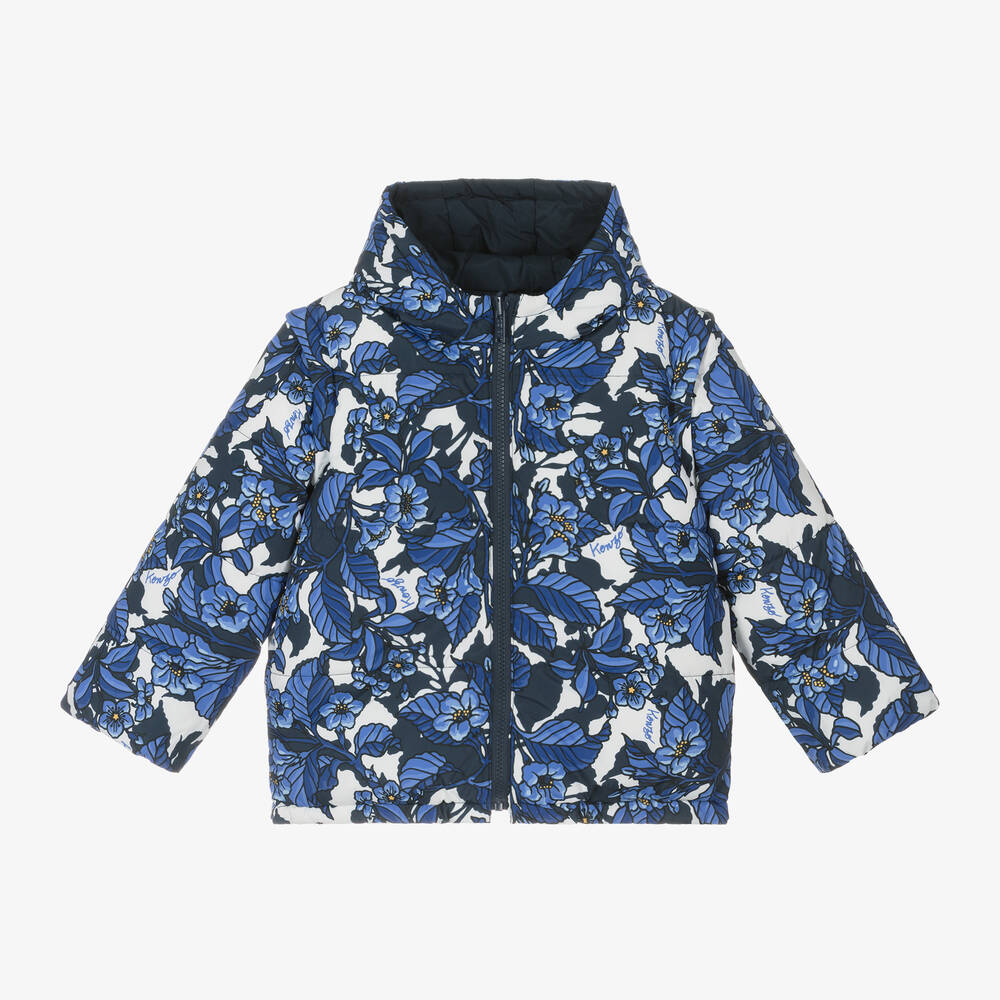 KENZO KIDS - Girls Blue Jungle Reversible 2-in-1 Puffer Coat | Childrensalon