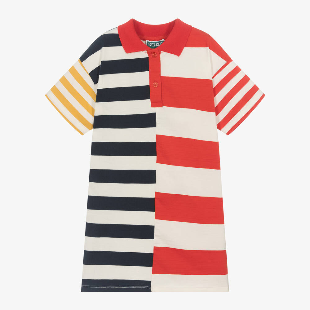 KENZO KIDS - Girls Blue & Red Stripe Cotton Polo Dress | Childrensalon