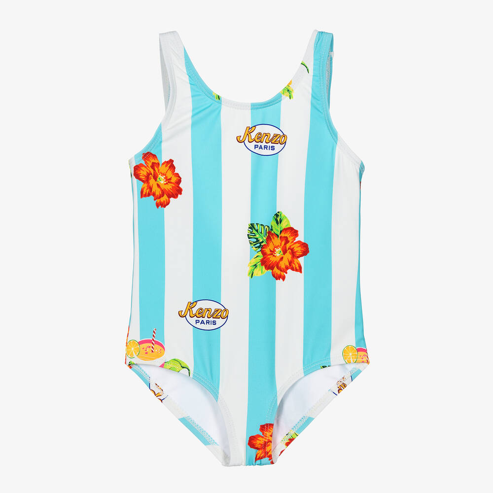 KENZO KIDS - Girls Blue Striped Floral Print Swimsuit | Childrensalon