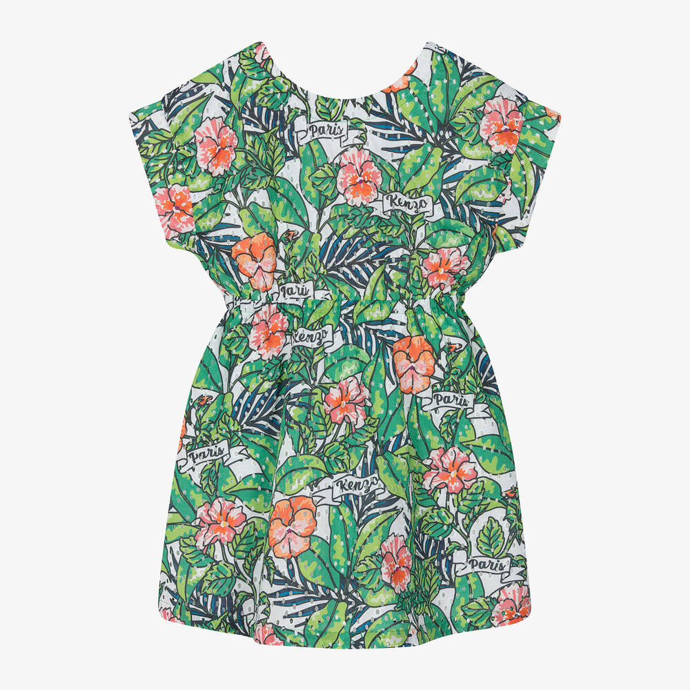 KENZO KIDS - Girls Green Floral Jungle Leaf Cotton Dress | Childrensalon