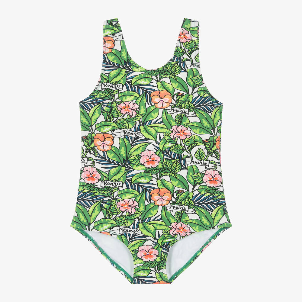 Kenzo Babies'  Kids Girls Green Floral Jungle Leaf Swimsuit In Mint Green