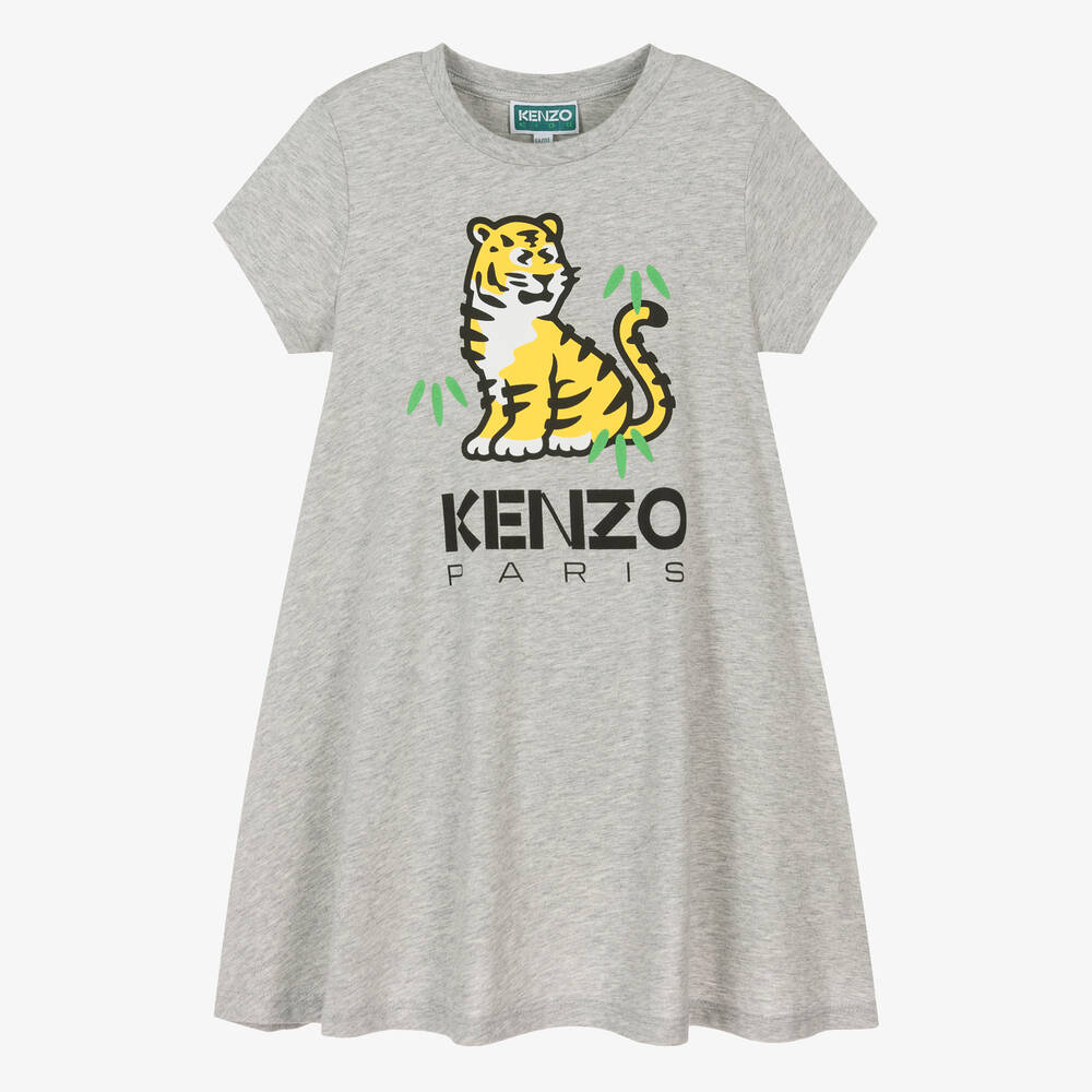 KENZO KIDS - فستان بطبعة كوتورا قطن لون رمادي مونس | Childrensalon