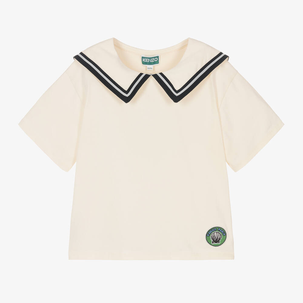 KENZO KIDS - Girls Ivory Cotton Collared Sailor T-Shirt | Childrensalon