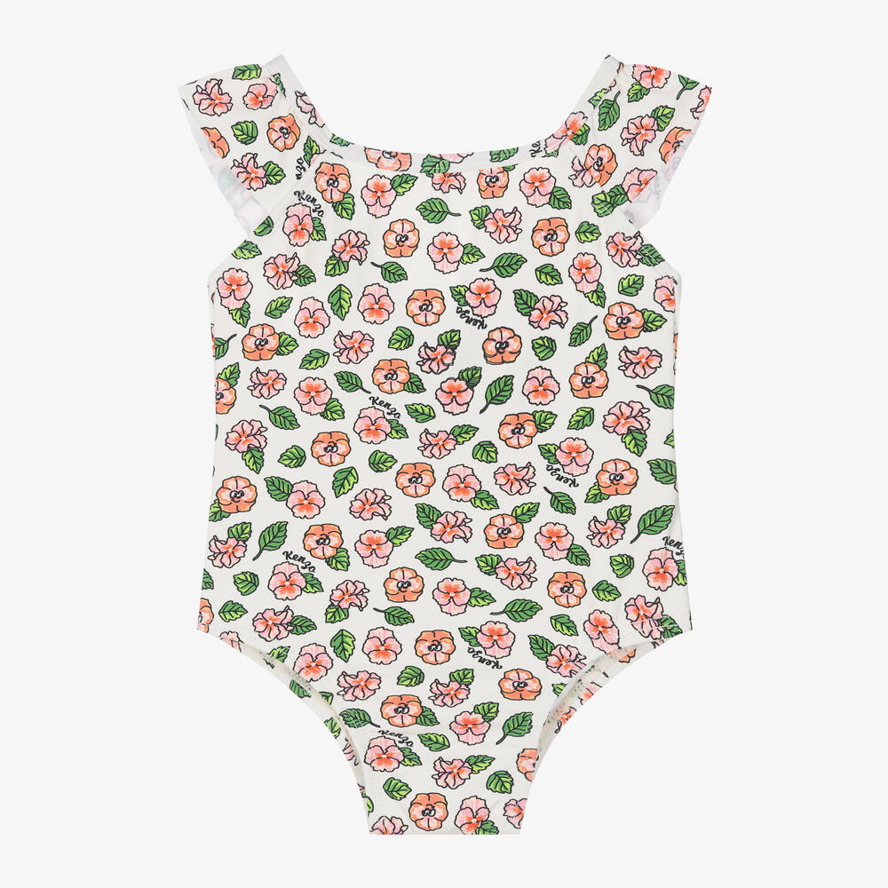 Kenzo Babies'  Kids Girls Ivory Cotton Flower Swimsuit