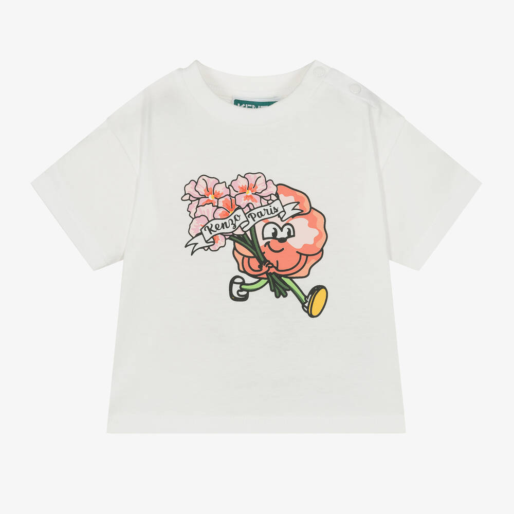 KENZO KIDS - Girls Ivory Cotton Flower T-Shirt | Childrensalon