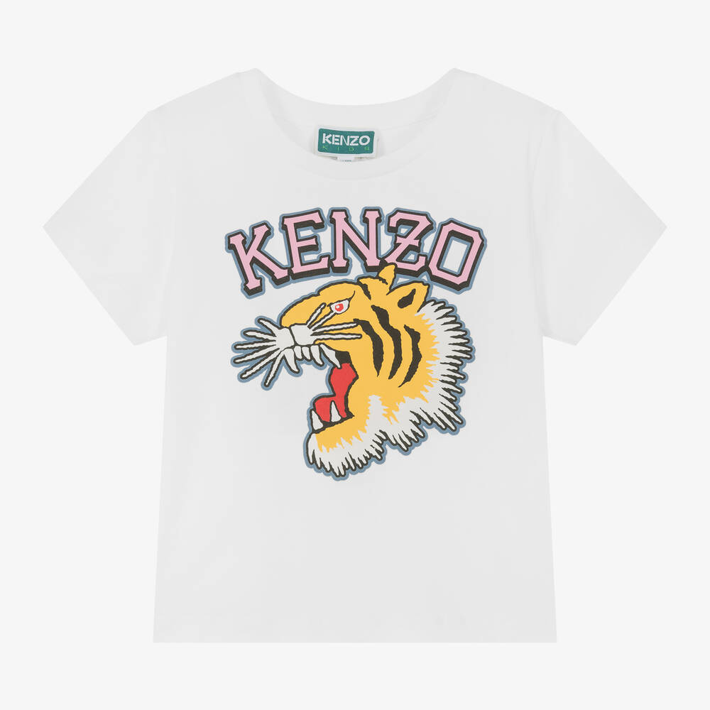 KENZO KIDS - Girls Ivory Cotton Varsity Tiger T-Shirt | Childrensalon