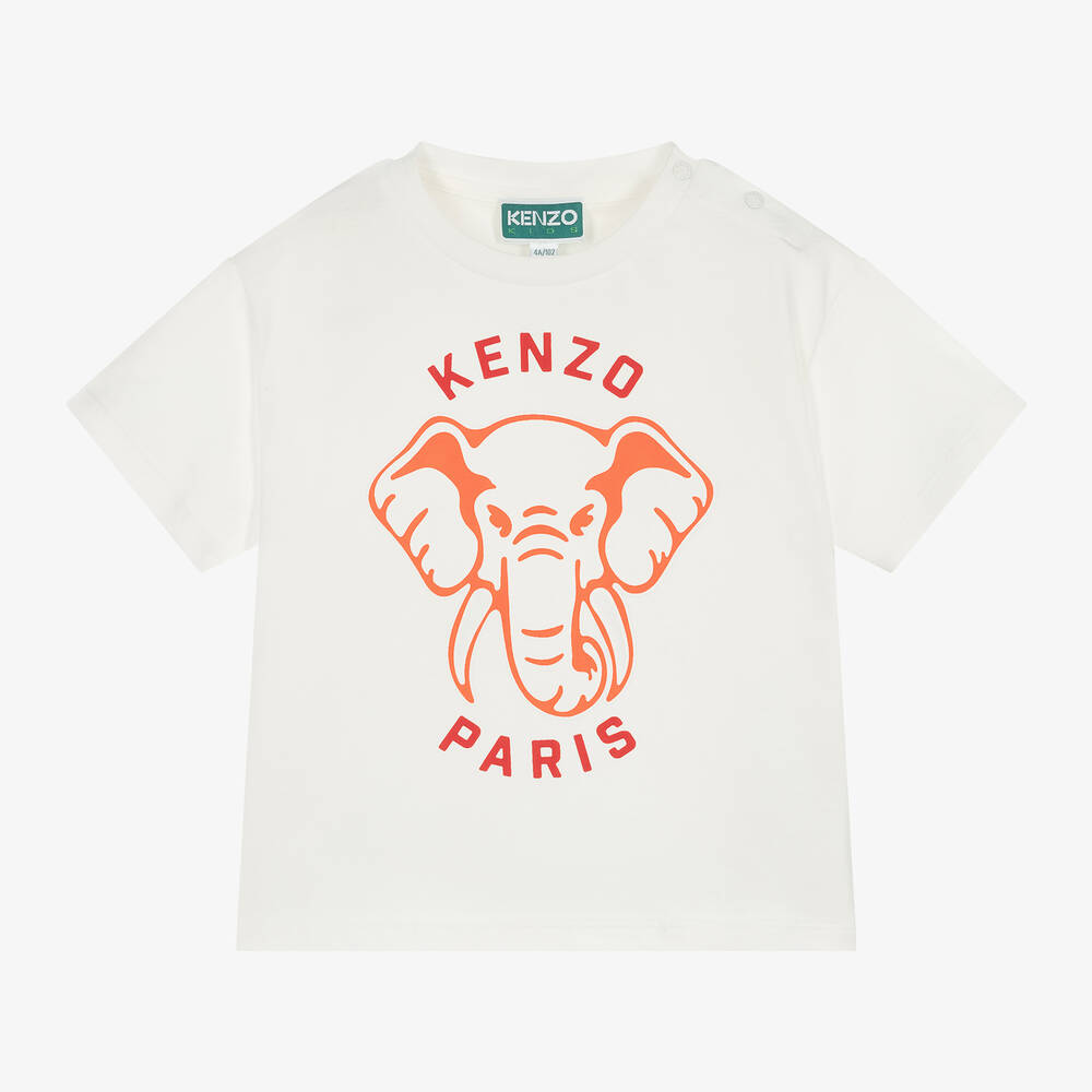 KENZO KIDS - Girls Ivory Elephant Cotton T-Shirt | Childrensalon