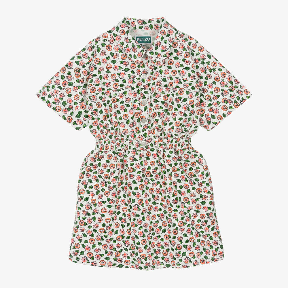 KENZO KIDS - فستان قميص قطن دنيم لون عاجي بطبعة ورود | Childrensalon