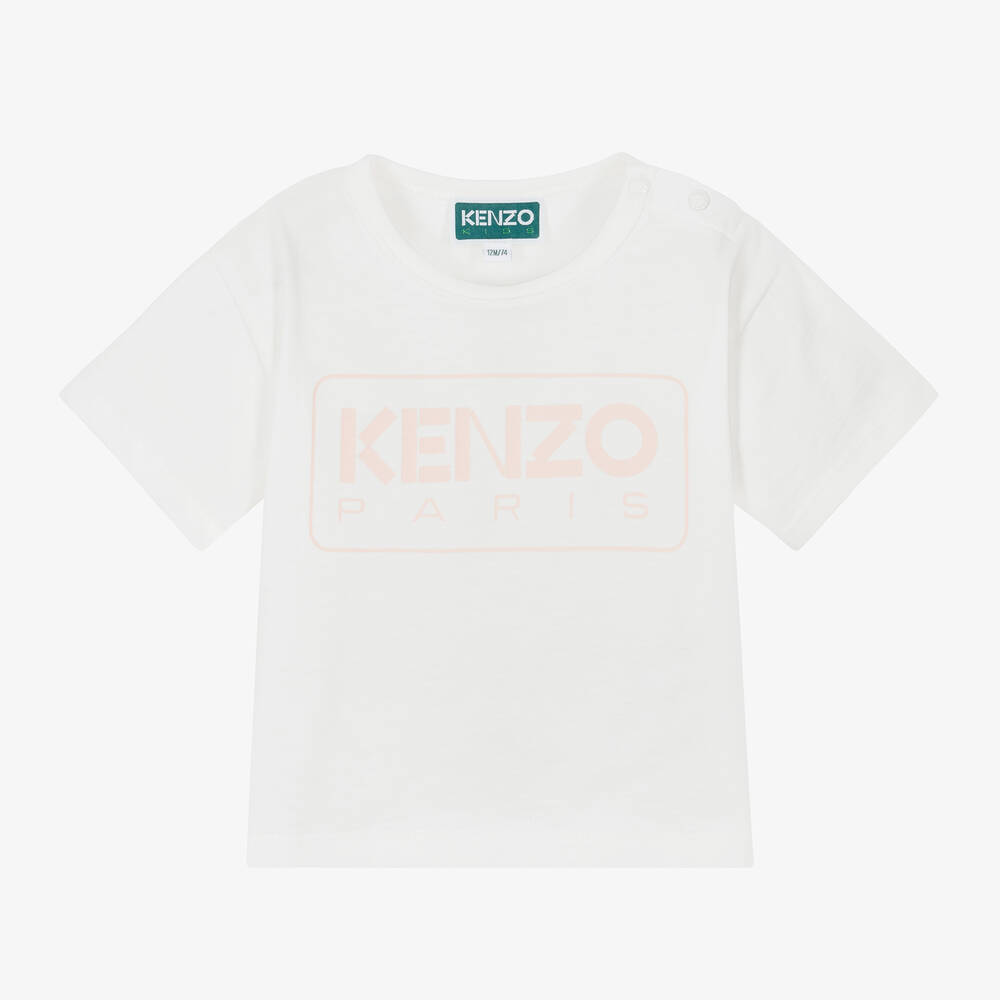 KENZO KIDS - Girls Ivory & Pink Cotton T-Shirt | Childrensalon