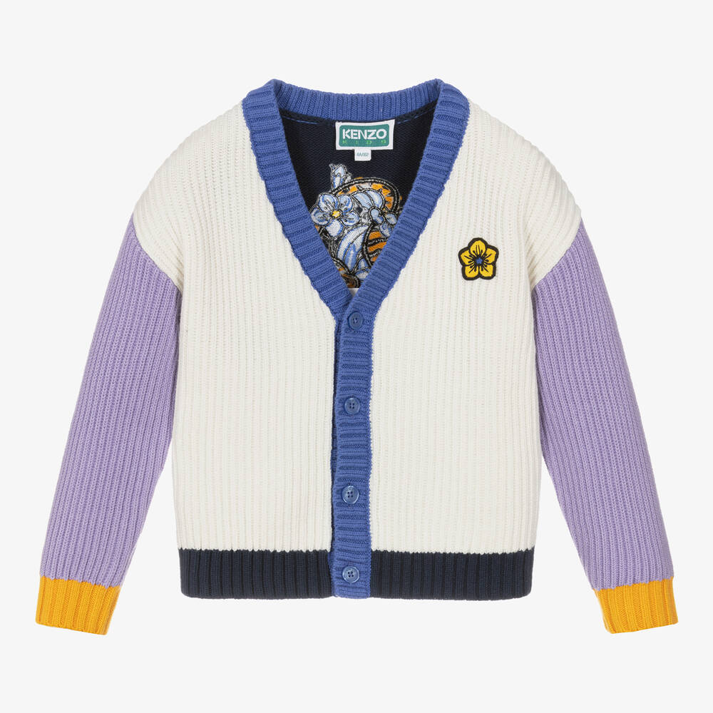 KENZO KIDS - Girls Ivory & Purple Cotton Knit Cardigan | Childrensalon