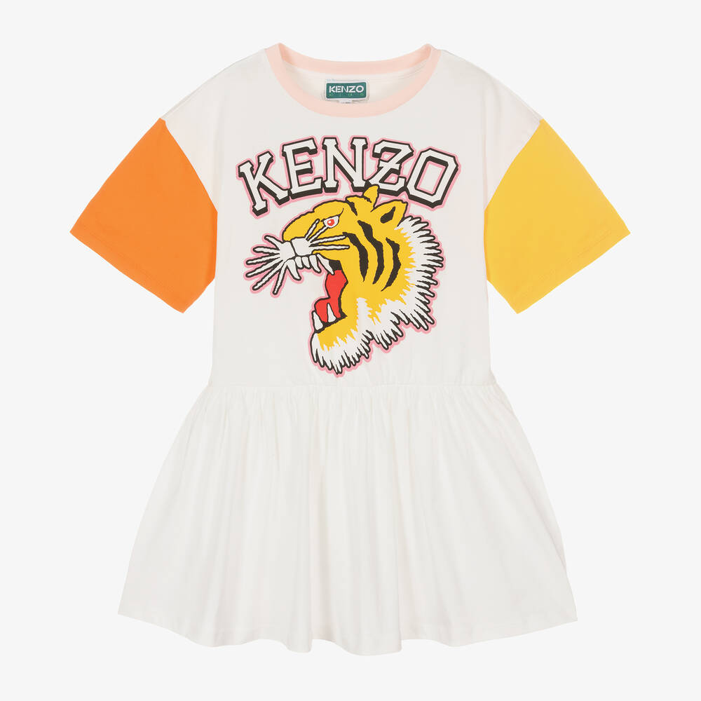 Shop Kenzo Kids Girls Ivory Varsity Tiger Cotton Dress