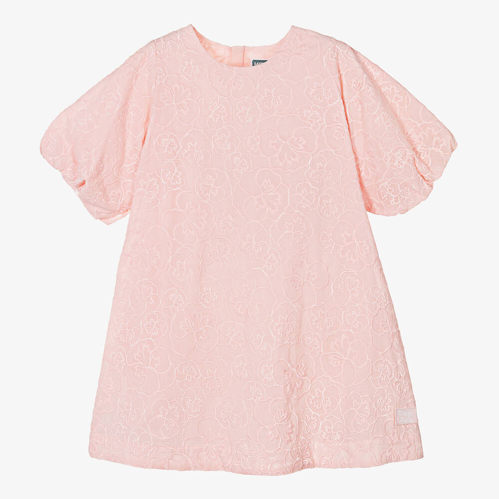 KENZO KIDS - Girls Pink Cotton Embroidered Floral Dress | Childrensalon