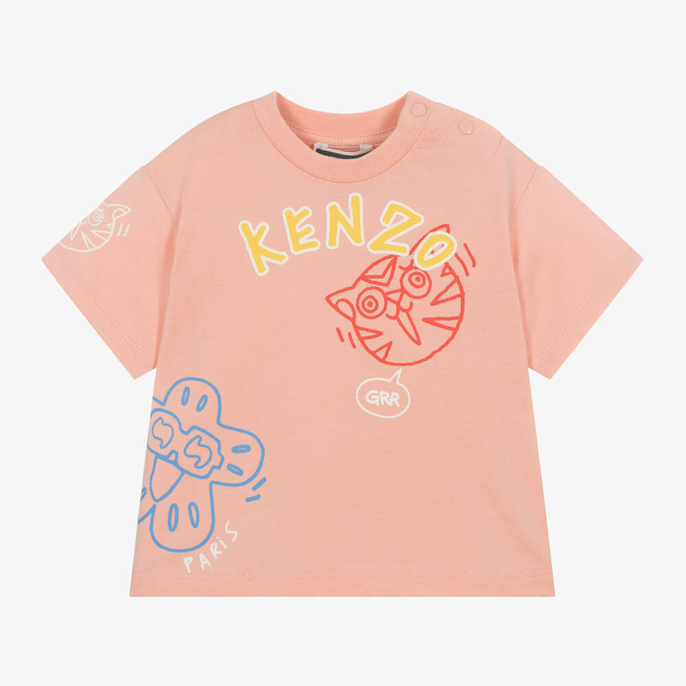 KENZO KIDS - Girls Pink Cotton Tiger & Boke T-Shirt | Childrensalon