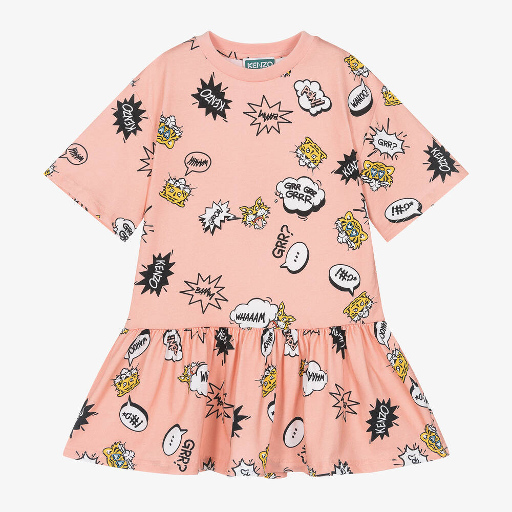 KENZO KIDS - Girls Pink Cotton Tiger Graphic Dress | Childrensalon