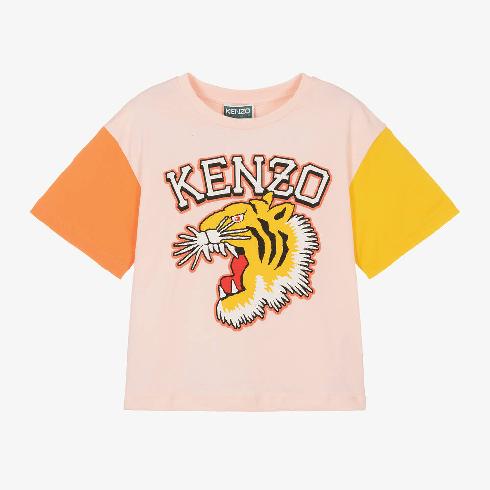 KENZO KIDS - Розовая футболка с тигром и цветовыми блоками для девочек | Childrensalon