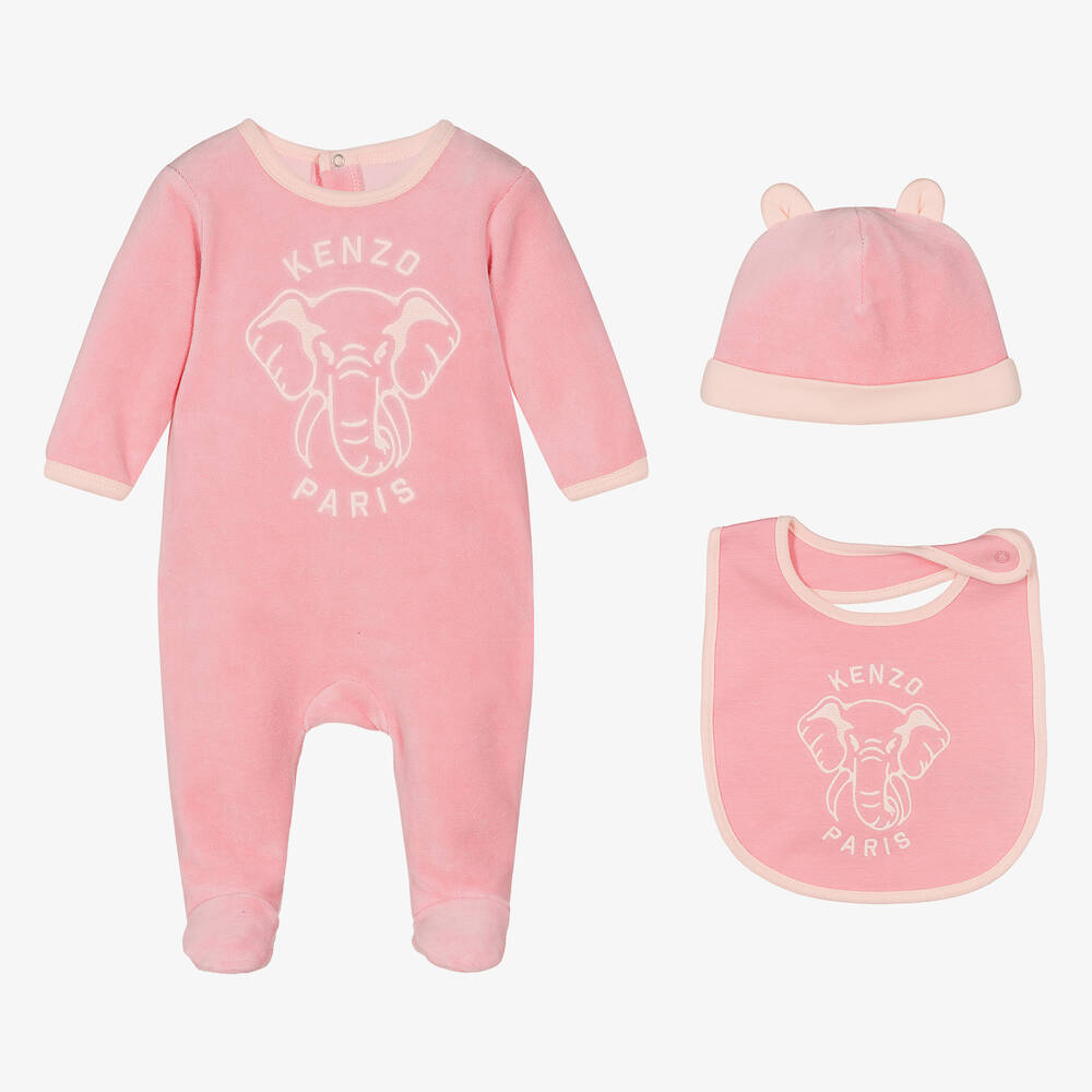 KENZO KIDS - Girls Pink Velour Elephant Babysuit Set | Childrensalon
