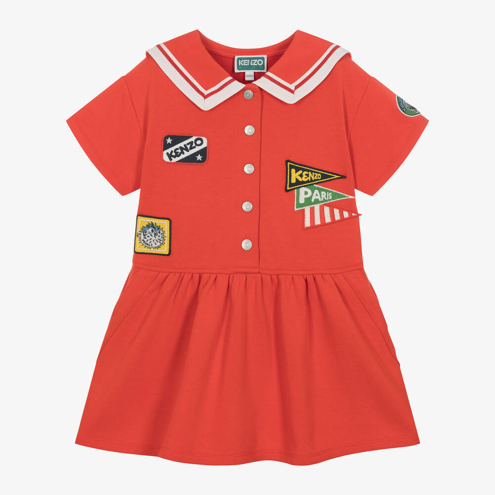 KENZO KIDS - Girls Red Cotton Collared Dress | Childrensalon