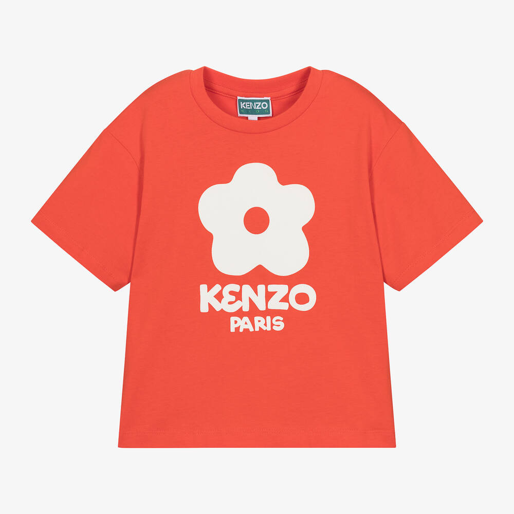 KENZO KIDS - تيشيرت قطن عضوي لون أحمر فاقع للبنات | Childrensalon