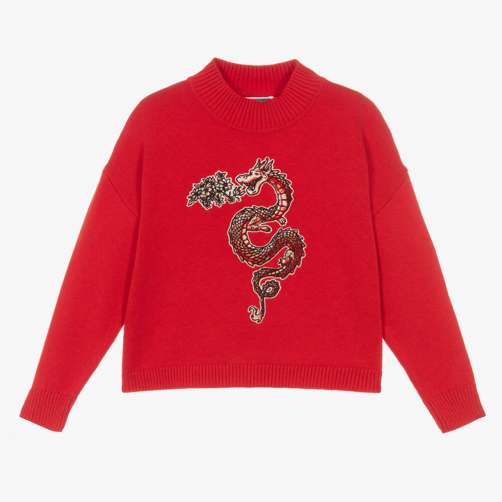 Kenzo Kids Girls Red Cotton Knit Dragon Sweater