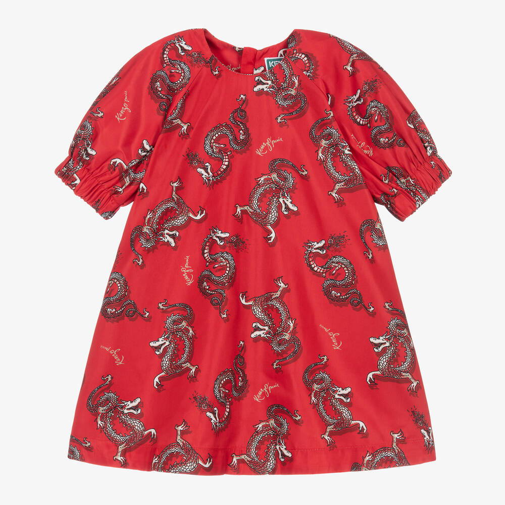 KENZO KIDS - Красное атласное платье с драконами для девочек | Childrensalon
