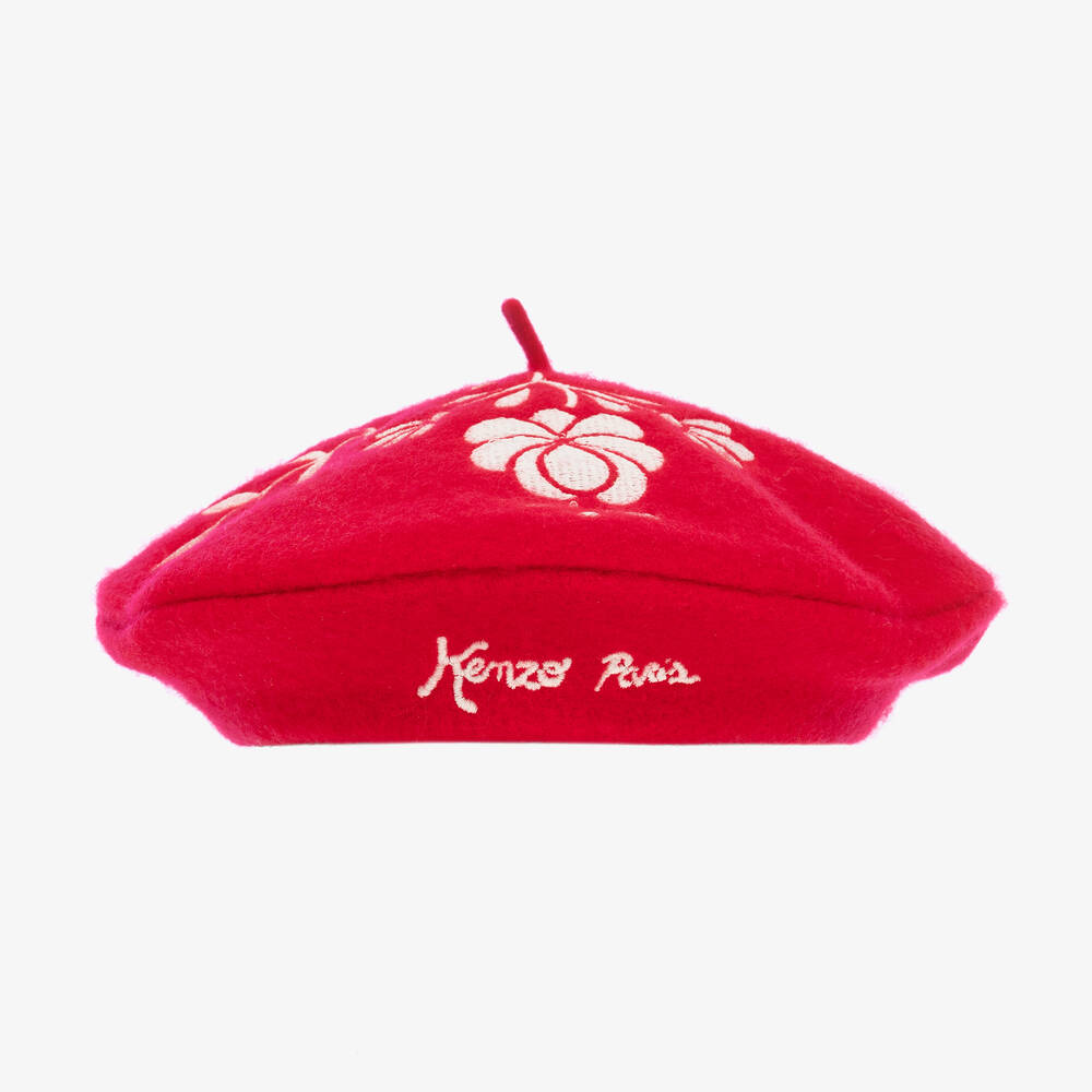 Kenzo Kids Girls Red Embroidered Floral Wool Beret