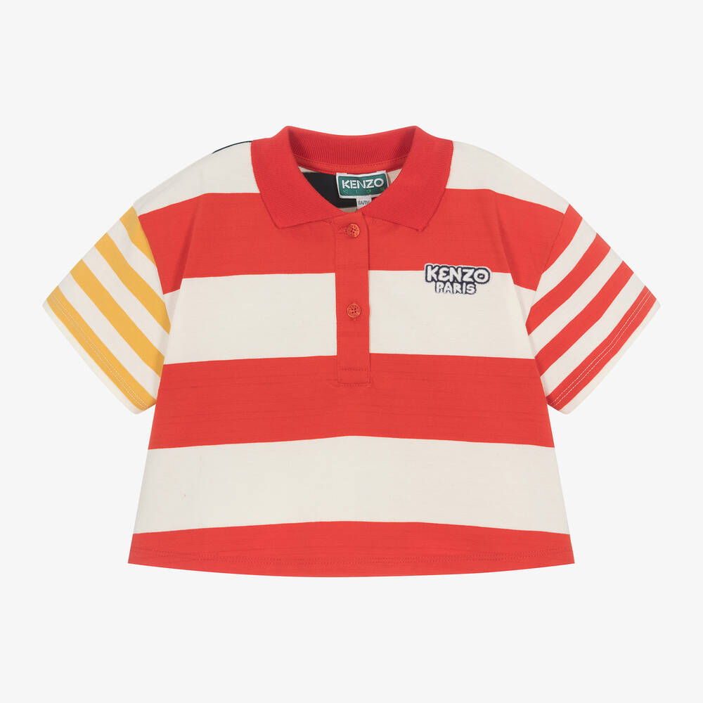 KENZO KIDS - Girls Red & Ivory Stripe Cotton Polo Shirt | Childrensalon