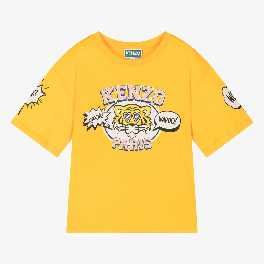 KENZO KIDS - Girls Yellow Tiger Cotton T-Shirt | Childrensalon