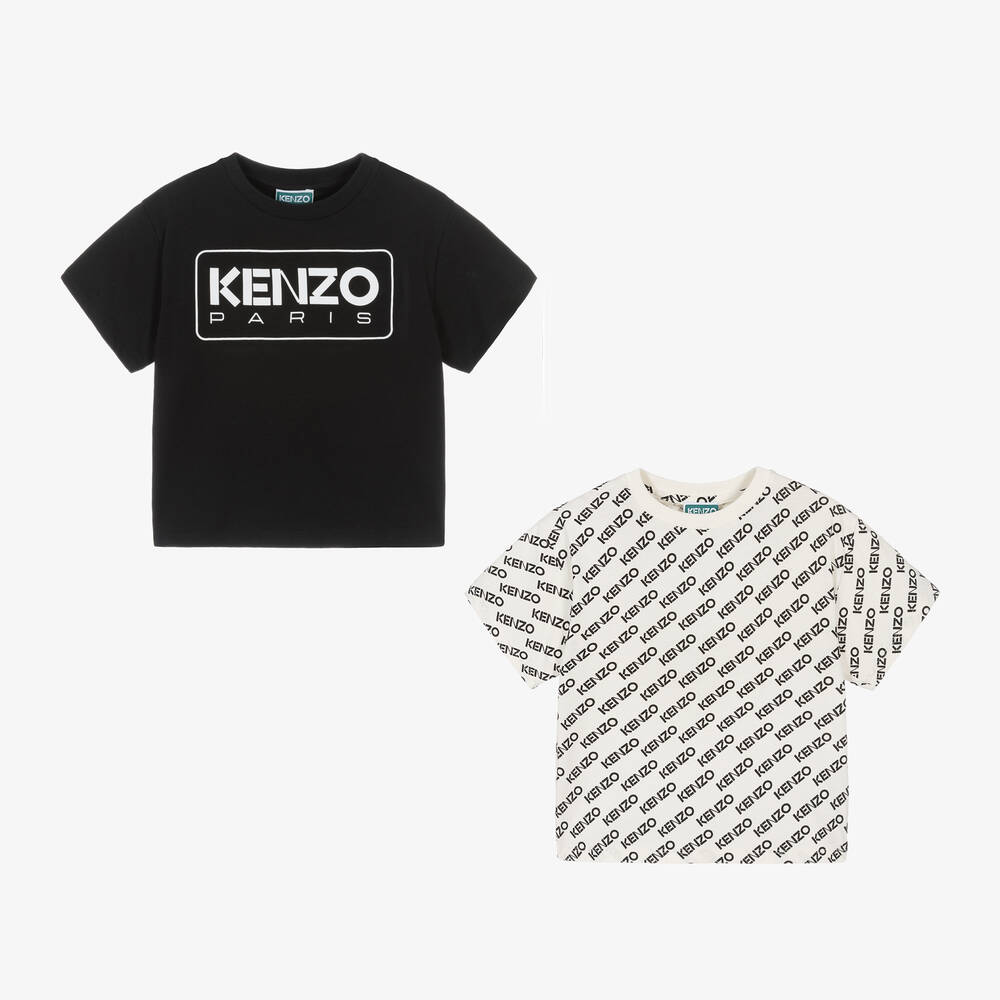 KENZO KIDS - تيشيرت قطن لون أسود وعاجي (عدد 2) | Childrensalon