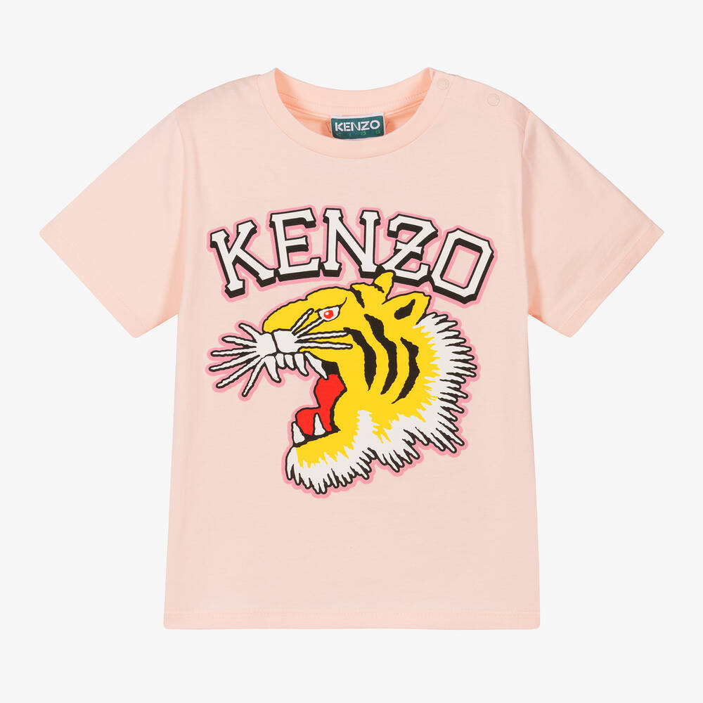 Kenzo Babies'  Kids Pink Varsity Tiger Organic Cotton T-shirt