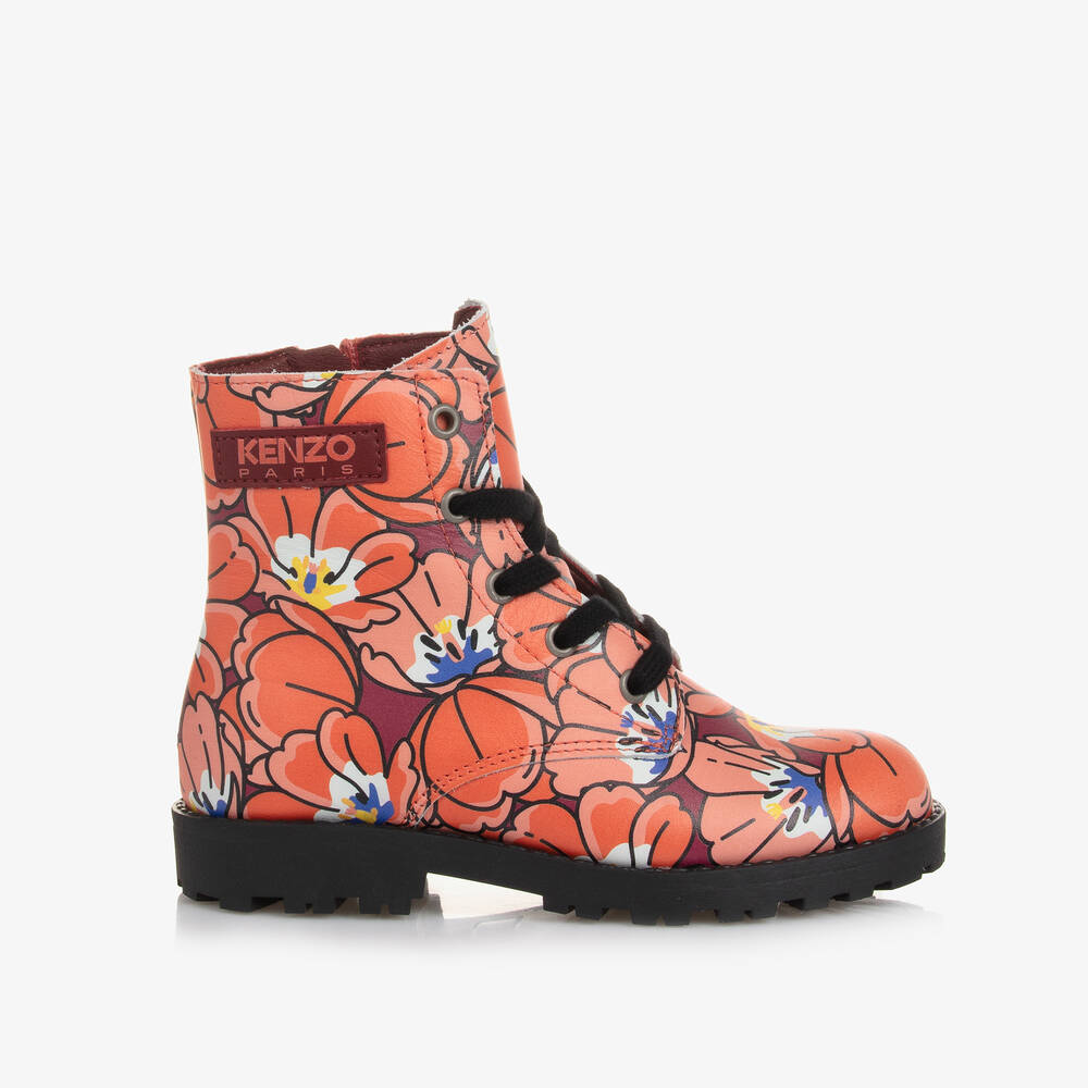 KENZO KIDS - Red & Pink Floral Leather Boots | Childrensalon