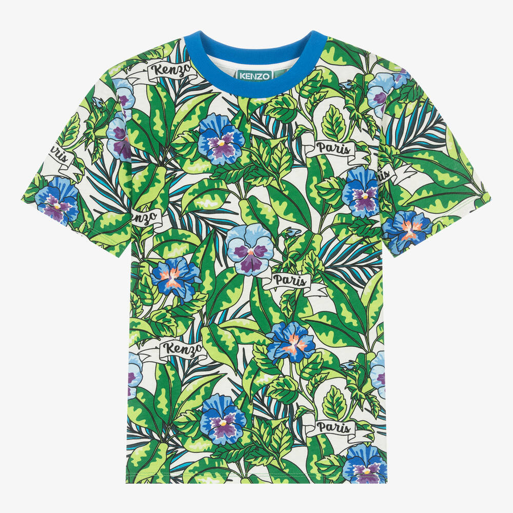 Shop Kenzo Kids Teen Boys Green Cotton Flower T-shirt