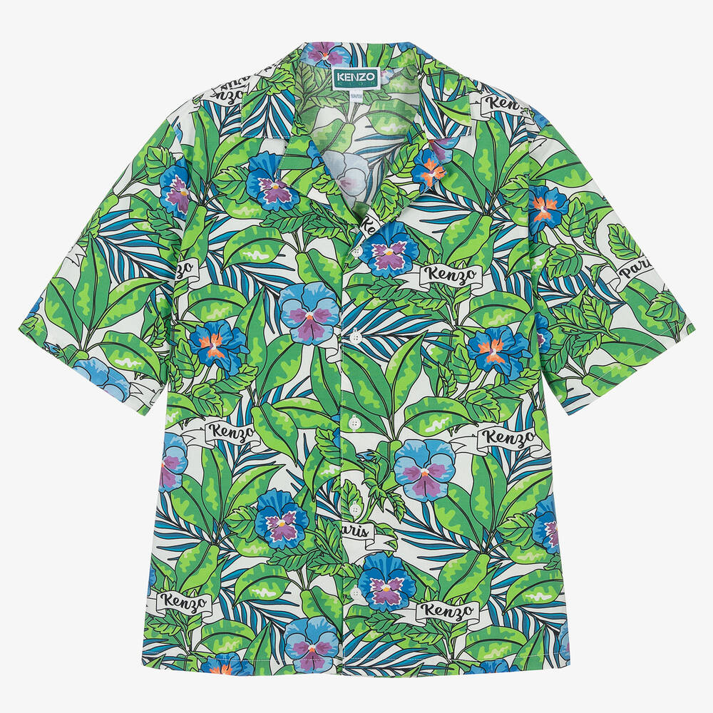 Kenzo Kids Teen Boys Green Flower Print Cotton Shirt