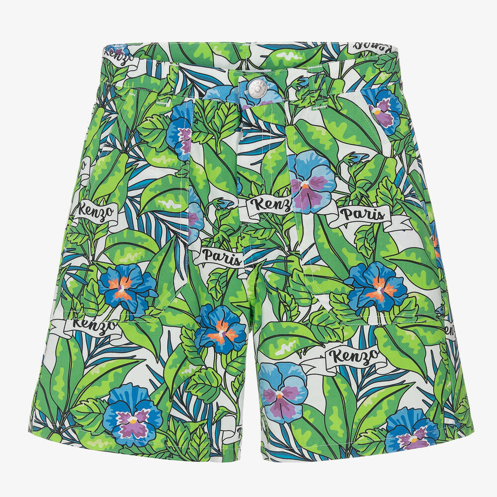 Kenzo Kids Teen Boys Green Flower Print Cotton Shorts