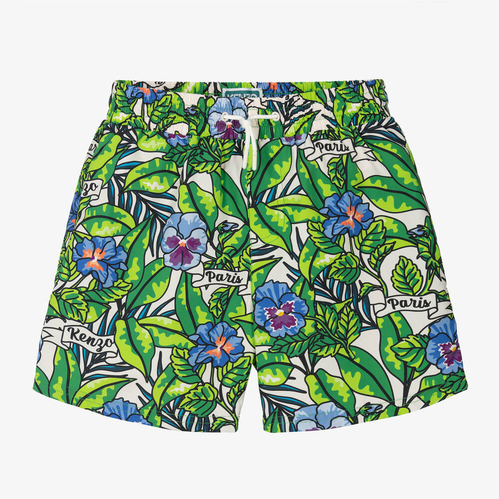 Shop Kenzo Kids Teen Boys Green Flower Print Swim Shorts