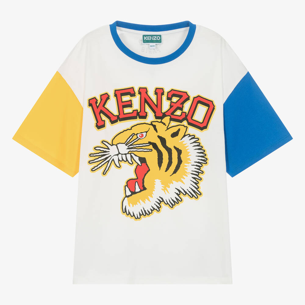 Shop Kenzo Kids Teen Boys Ivory Varsity Tiger T-shirt