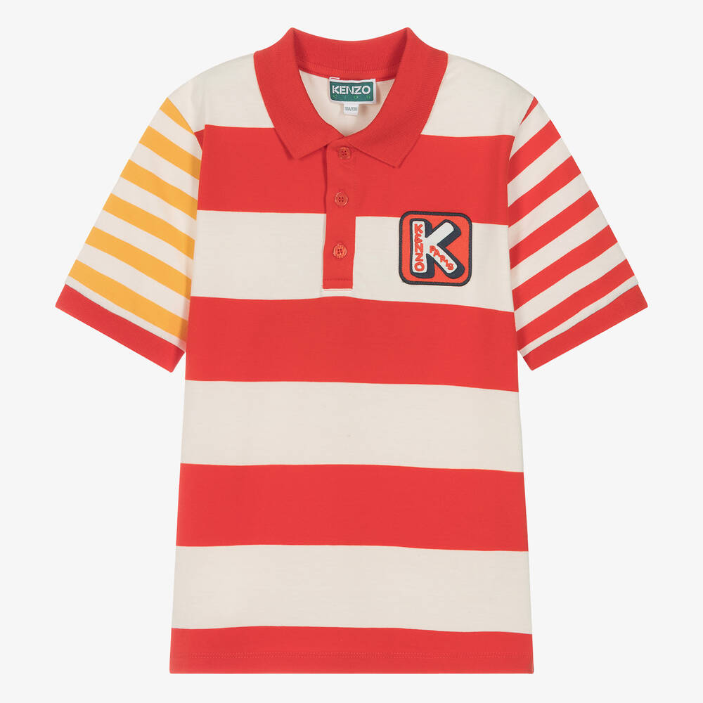 Shop Kenzo Kids Teen Boys Red Striped Cotton Polo Shirt