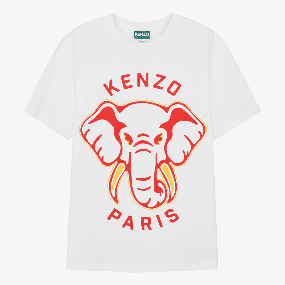 KENZO KIDS - تيشيرت بطبعة الفيل قطن لون أبيض للمراهقين | Childrensalon