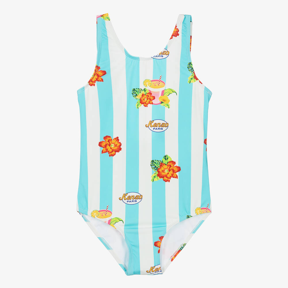 KENZO KIDS - Teen Girls Blue Striped Floral Print Swimsuit | Childrensalon