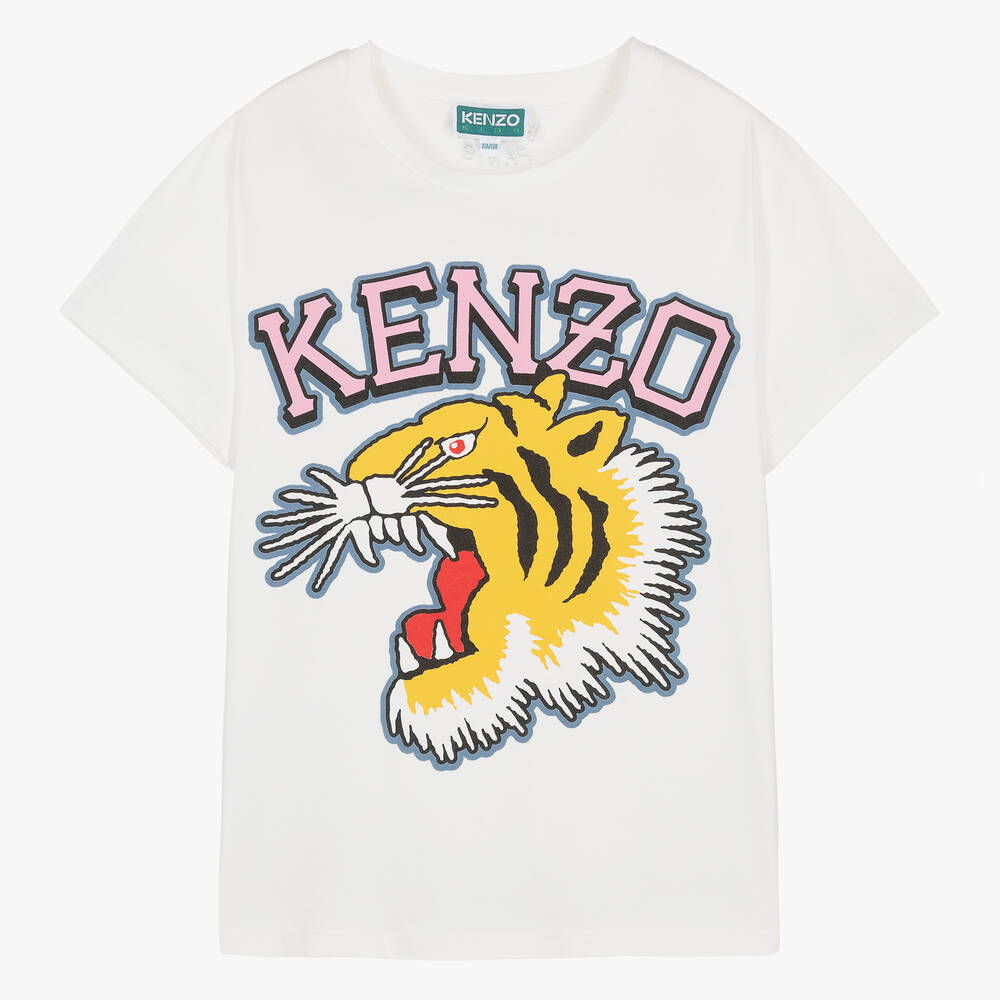 KENZO KIDS - Teen Girls Ivory Cotton Varsity Tiger T-Shirt | Childrensalon